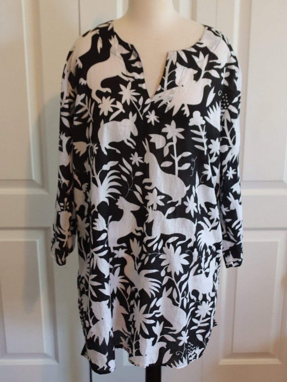 KikiSol Black/White 100% Lightweight Cotton Tunic V-Neck 3/4 Sleeve Size Large